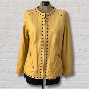 Bradley Butter Yellow Leather Moto Jacket Trim Grommets Rivets